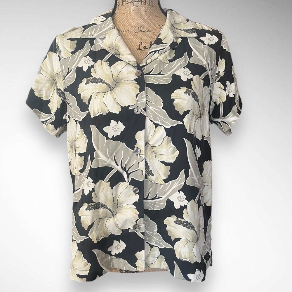 ANNA OCEAN Women's Black and Cream Floral Silk Short Sleeve Hawaiian Shirt | EUC
